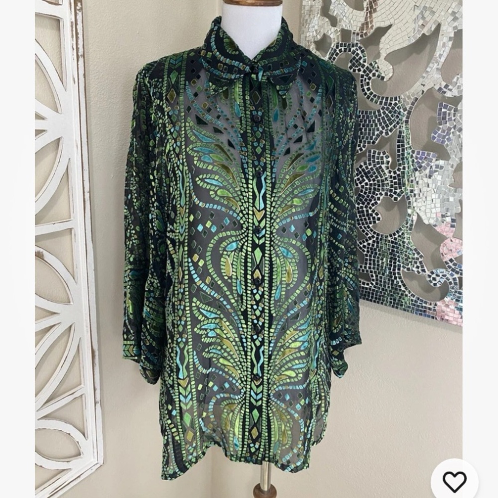 BOB MACKE WEARABLE ART xs SILK BLEND BURNOUT VELOUR SHEER BUTTON UP TUNIC TOP
